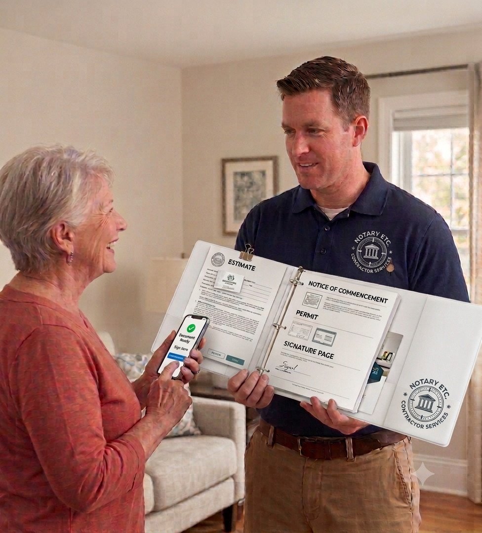 A Notary Etc. representative reviewing signed paperwork with a homeowner during a Electrical contractor job